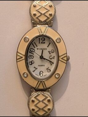 Women's Cream Enamel and Silver Oval Quartz Watch